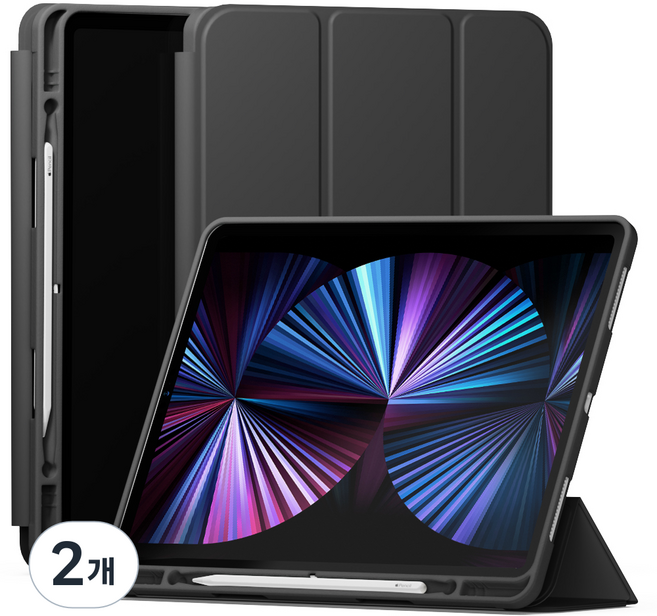 신지모루 스마트커버 펜슬 수납 태블릿 케이스, 블랙, 2개