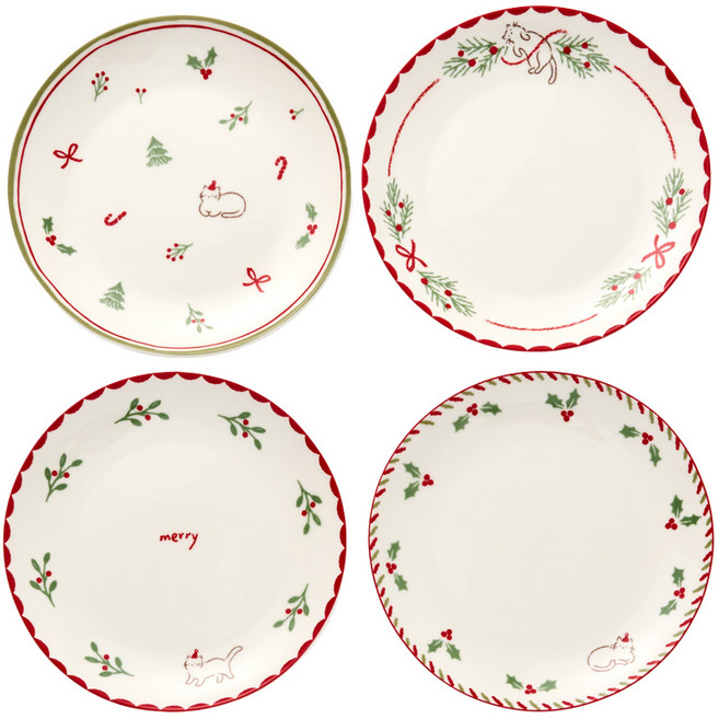 모던하우스 ON L 뚱냥이 산타애옹 접시 세트, 1세트, 접시 4종, 화이트