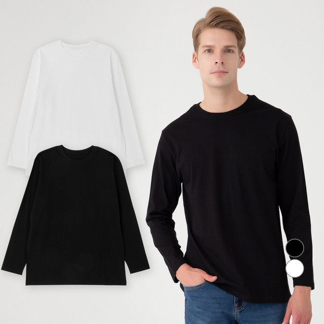 베이스알파 에센셜 남녀공용 통기성 순면 라운드넥 긴팔 티셔츠 2p