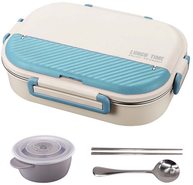 Homely Zakka 可微波超大容量不鏽鋼分隔保溫便當盒 4格 附餐具/湯碗, 1個, 北歐藍