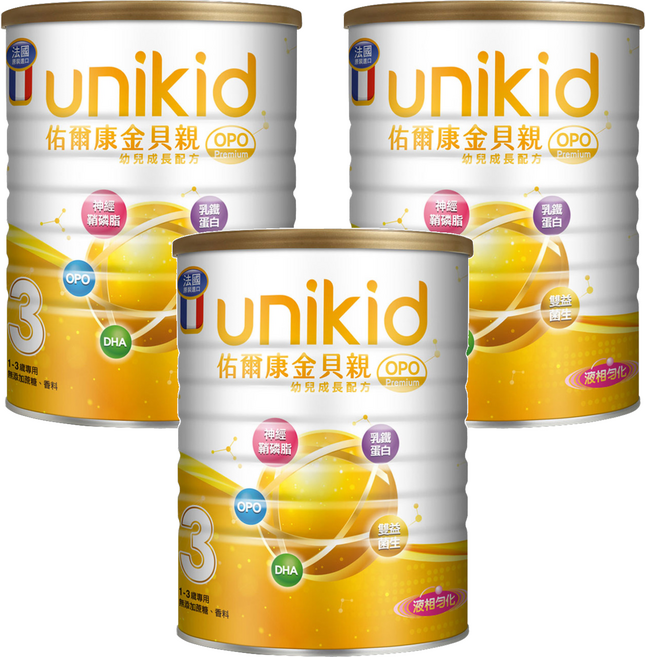 unikid 佑爾康 金貝親 OPO Premium 幼兒成長配方 3號 奶粉 1~3歲, 850g, 3罐