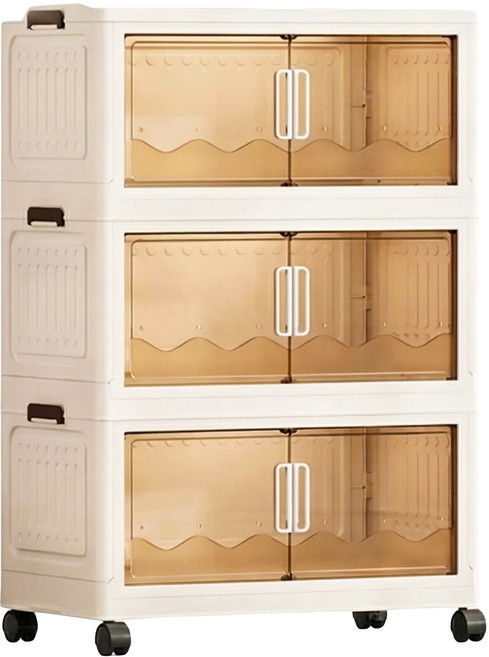 7822 Shop 生活選物 雙開門收納櫃 磁吸折疊收納 附輪子 3層, 透明, 1個