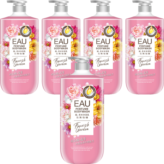 EAU 淨耀香水沐浴乳 花舞奇緣 含ECOCERT歐盟有機認證PCA天然保濕因子 添加玻尿酸與庫拉索蘆薈萃取精華, 1L, 5瓶