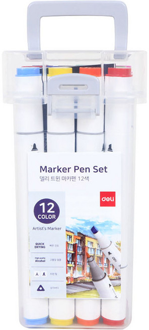 델리 둥근 삼각 트윈 화방마카 + 케이스 보관세트 70803, 1세트, 12색