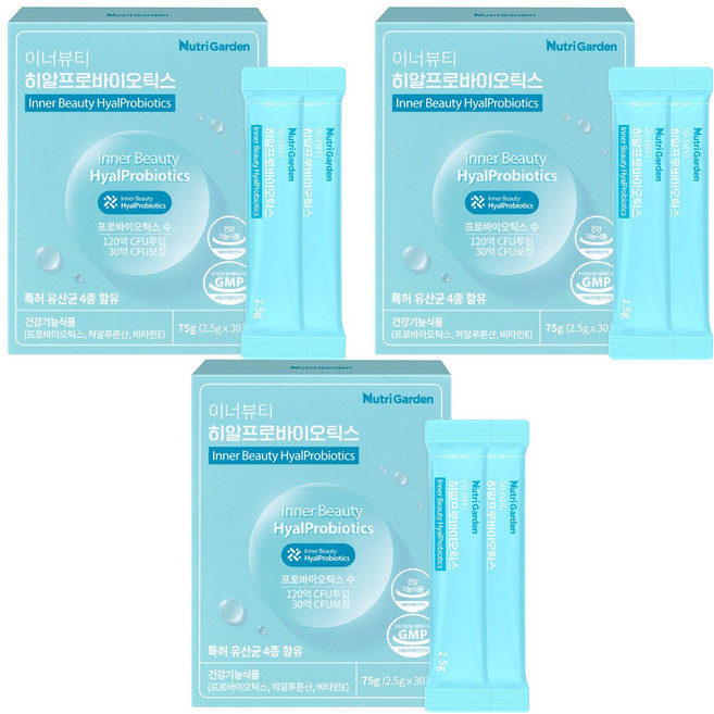 뉴트리가든 이너뷰티 히알 프로바이오틱스 유산균 30p, 75g, 3개