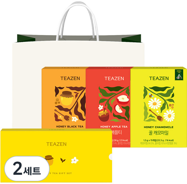 티젠 꿀차 삼각티백 3종 선물세트 + 쇼핑백, 2세트, 홍차 30g + 애플티 30g + 캐모마일 22.5g
