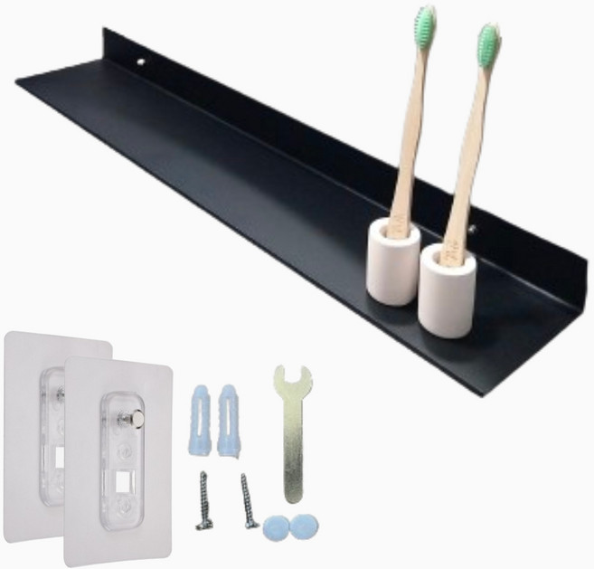 제이에스맘 강력 무타공 일자형 욕실 선반, 블랙, 1개