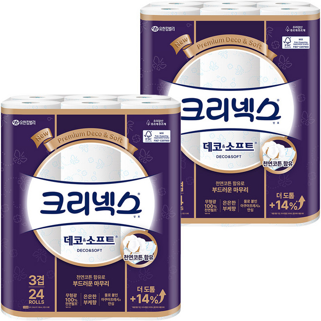 크리넥스 3겹 데코 앤 소프트 화장지, 28m, 24개입, 2개