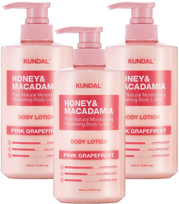 쿤달 허니 앤 마카다미아 퓨어 바디로션 핑크그레이프프룻향, 500ml, 3개