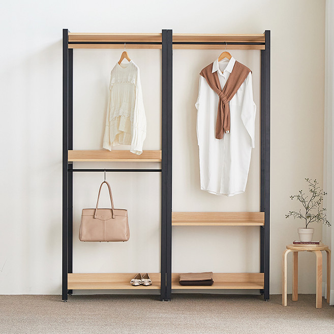 퍼리든 큐브 드레스룸 시스템 행거 1단+2단 설치형행거, 블랙오크