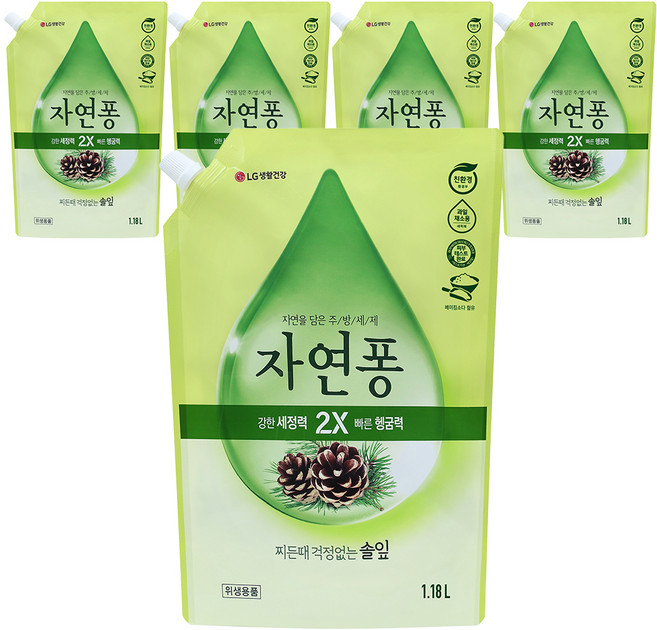 [비건라이프] 자연퐁 찌든때 걱정없는 솔잎 주방세제 파우치형, 1.18L, 5개
