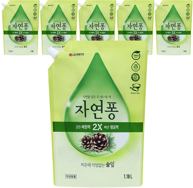 [비건라이프] 자연퐁 찌든때 걱정없는 솔잎 주방세제 파우치형, 1.18L, 6개