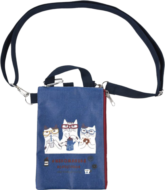 kUSUgURU JAPAN 日本眼鏡貓 手機包 可觸控手機 斜背包 NEKOMARUKE貓丸系列 手拿包證件袋 背帶可調, 藍色, 1個