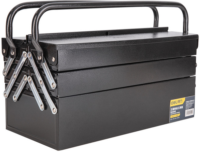 델리툴즈 휴대용 다용도 스틸 접이식 이중 핸들 3 레이어 스토리지 공구 보관 툴박스 블랙 DL6232, 1개