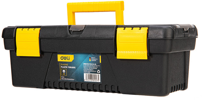 델리툴즈 휴대용 플라스틱 듀얼 스토리지 105mm 공구 보관 툴박스 블랙 옐로우 EDL432412, 1개