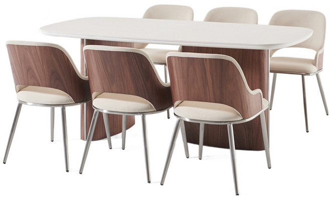 네스룸 헬렌 소음방지 식탁의자세트 6인용 방문설치, 아이보리 + 월넛, 일반의자 6