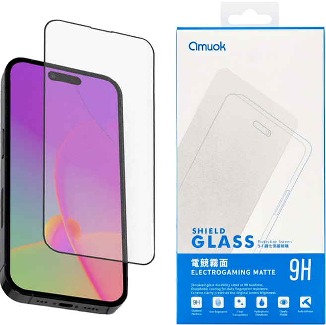 amuok 艾默克 Shield Glass 螢幕保護貼 霧面滿版 鋼化玻璃 iPhone 15 Pro 9H 疏水疏油 2.5D