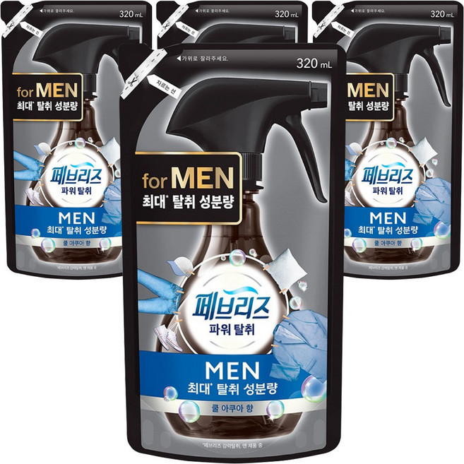 페브리즈 섬유 탈취제 맨 쿨 아쿠아향 리필, 320ml, 4개