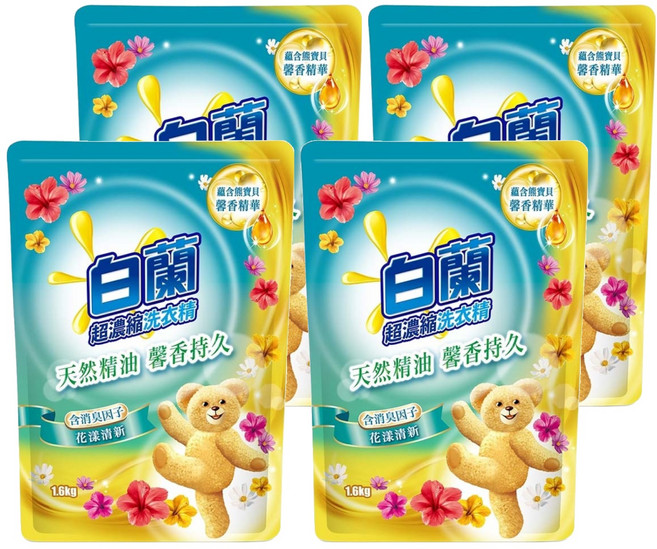 白蘭 超濃縮洗衣精 補充包 含熊寶貝馨香精華 花漾清新, 1.6kg, 4包