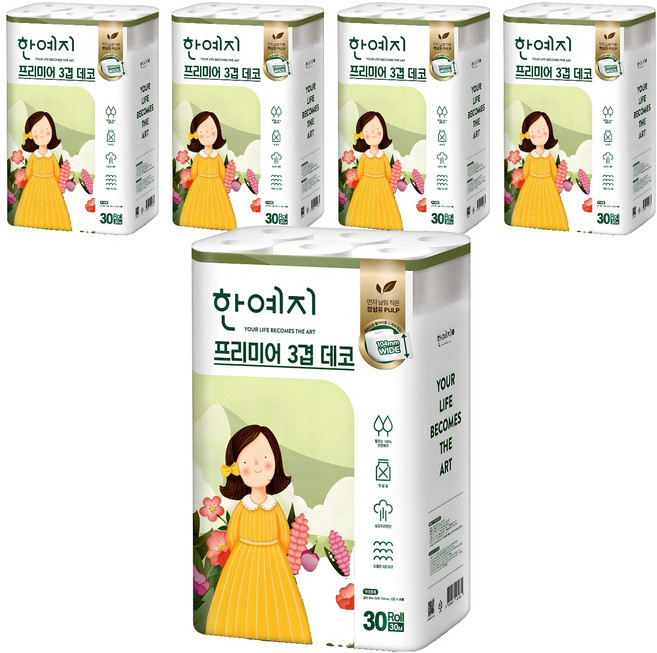 한예지 프리미어 3겹 데코 천연펄프 화장지, 30m, 30개입, 5개