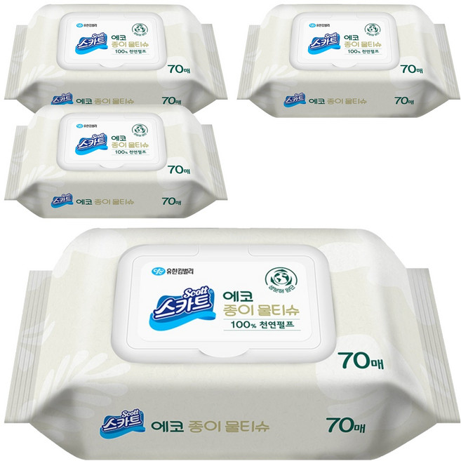스카트 에코 종이 물티슈 캡형, 70매, 4개
