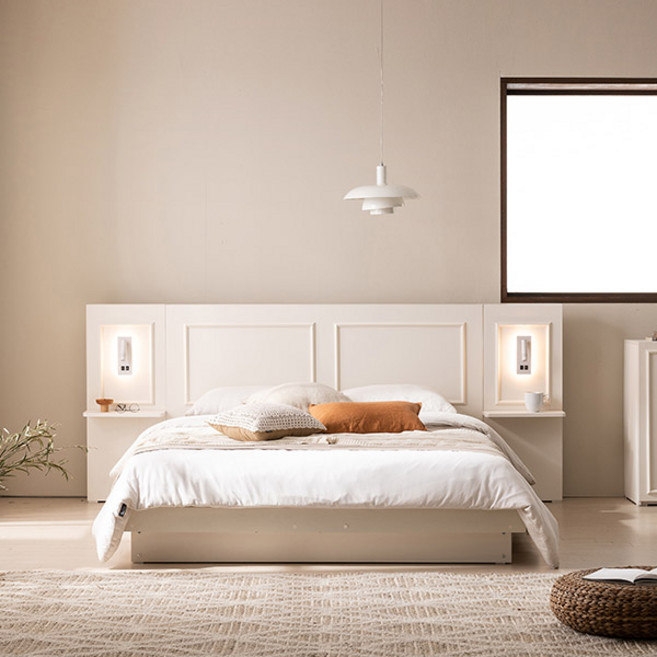 삼익가구 리네 프리미엄 호텔 침대+ 7존 독립스프링 매트리스 + 멀티 조명 협탁2p 세트 방문설치, 아이보리