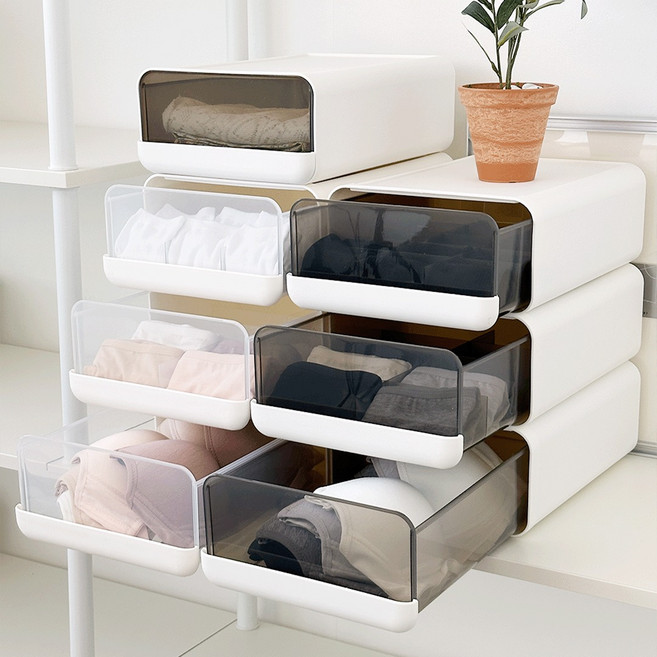 데미무드 이클립 적층식 칸칸이 서랍형 속옷정리함 1칸, 반투명 화이트, 1개