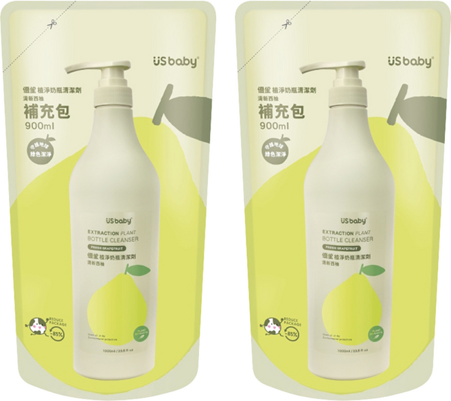 US baby 優生 植淨奶瓶清潔劑 補充包 清新西柚, 900ml, 2包