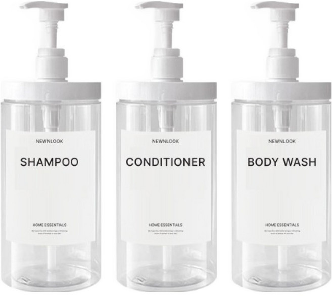 뉴앤룩 와이드 욕실 샴푸 디스펜서 핸드워시 리필용기 1L x 3p + 라벨 스티커 3종 세트, 투명(리필용기), 1세트