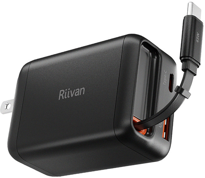 Riivan 65W 2C1A 伸縮線 電源供應器 充電器 快速充電 GaN技術 黑色