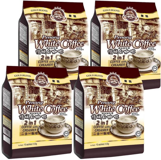 COFFEE TREE 咖啡樹 牌金裝檳城白咖啡 二合一 咖啡和奶精, 30g, 15包, 4袋