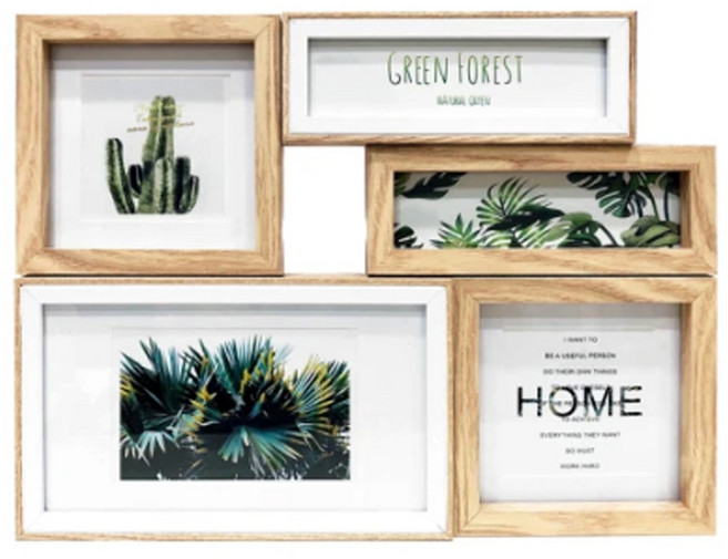 歐風相框 Set 5件 重量約1.93kg 材質MDF表面貼皮 玻璃MDF背板, 白淺木, 1組