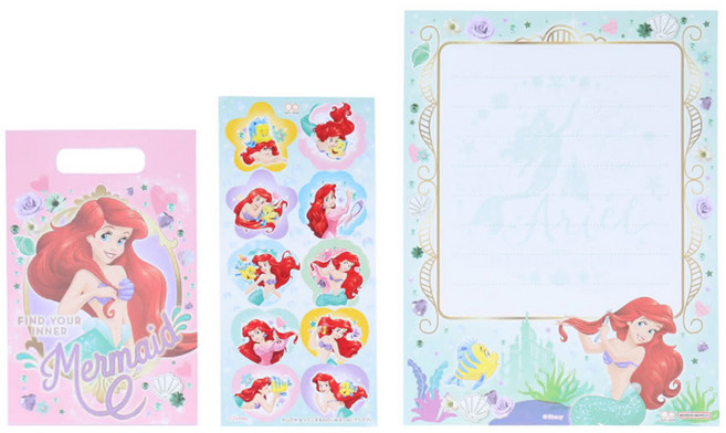sun-star THE LITTLE MERMAID 迪士尼 迷你信封信紙貼紙套組 信紙119 x 90mm + 信封85 x 55mm + 貼紙95 x 45mm, 小美人魚 多色, 1組