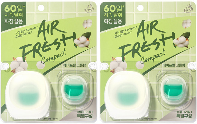 에어후레쉬 컴팩트 비치형 화장실용 방향제 본품 6ml + 리필 6ml 세트, 12ml, 2개, 에이프릴 코튼향