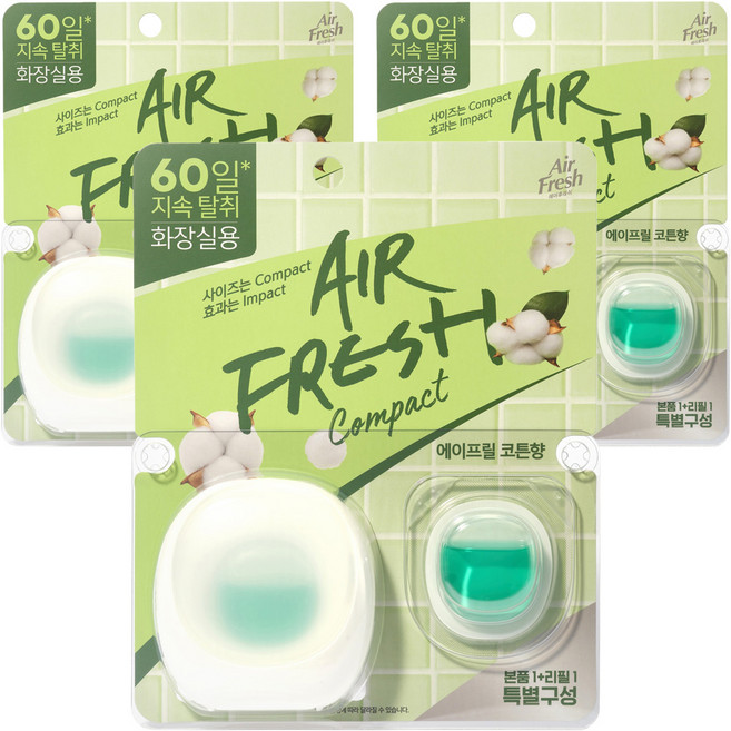 에어후레쉬 컴팩트 비치형 화장실용 방향제 본품 6ml + 리필 6ml 세트, 12ml, 3개, 에이프릴 코튼향