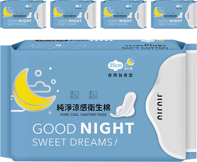 JIUJIU 親親 純淨涼感衛生棉, 夜用加長型(35cm), 6片, 5包