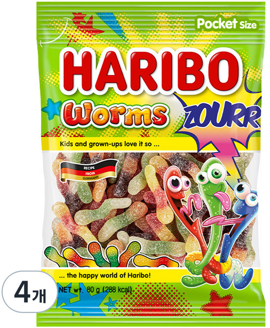 하리보 웜즈 사우어 젤리, 80g, 4개