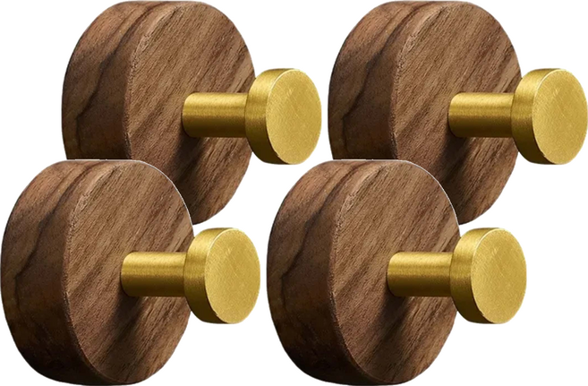居家實木掛鉤 LV55-3, 棕色 + 金色, 4個