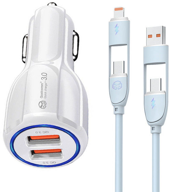 디지지 차량용 35W 시거잭 + 크레용 LED 60W 4IN1 멀티 충전 케이블 1.2m 세트, 화이트(시거잭), 스카이블루(케이블), D21-0809(시거잭)