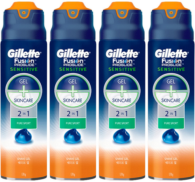 질레트 정품 퓨전 프로글라이드 센서티브 2 in 1 퓨어스포츠 쉐이빙 젤, 170g, 4개