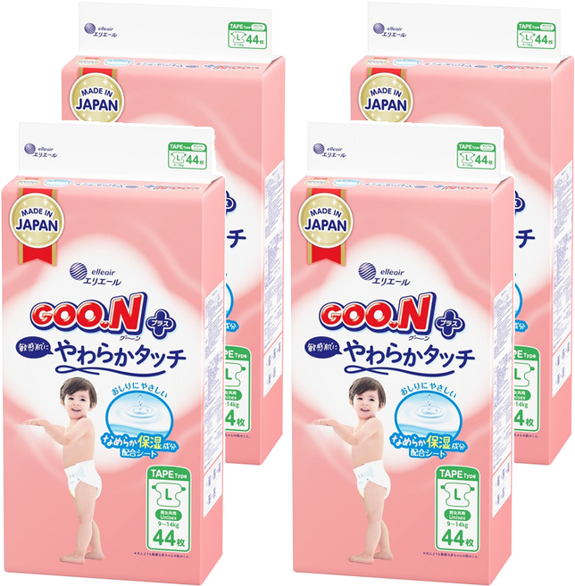 GOO.N 大王 日本境內版 SJ柔觸肌系列 黏貼型尿布 9~14kg, 176片, L