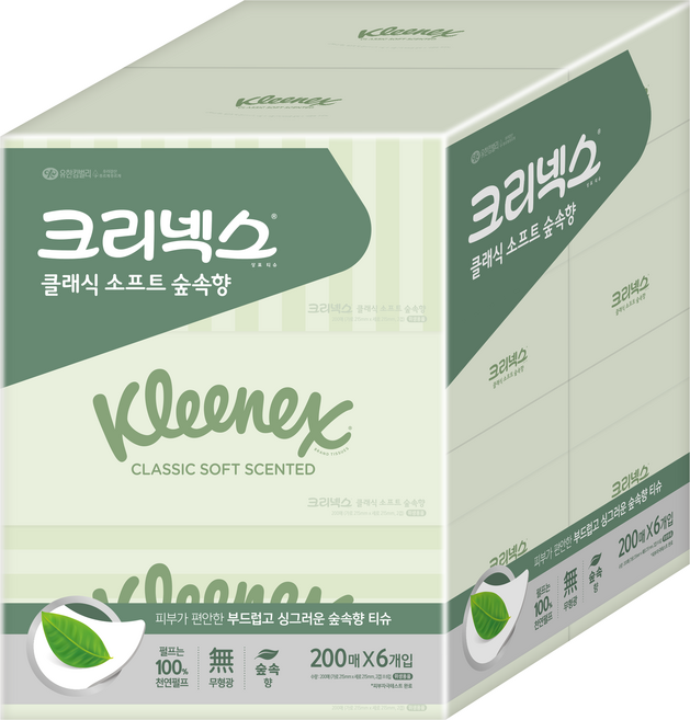 크리넥스 클래식 소프트 숲속향 천연펄프 미용티슈 2겹, 200매, 6개
