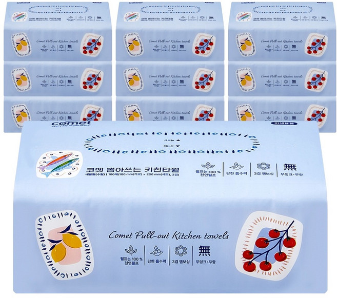 코멧 뽑아쓰는 3겹 천연펄프 키친타올, 10개, 100개입