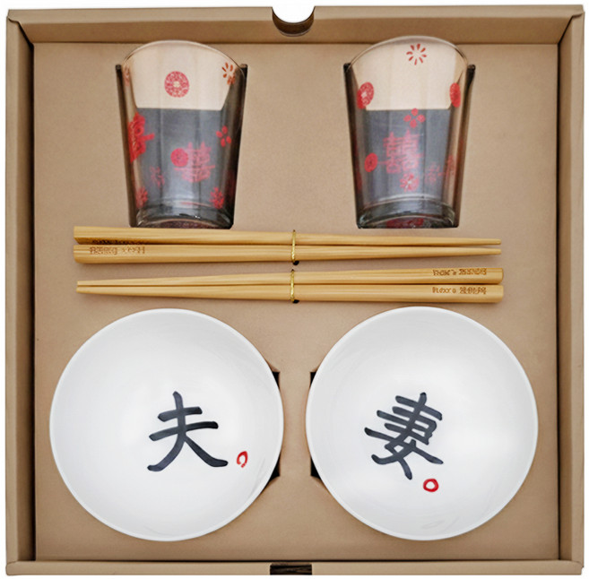 Mao's 樂陶陶 雙碗玻璃杯禮盒組, 2個小碗 + 2個玻璃杯 + 2雙筷子 + 包裝盒, 夫妻囍囍, 1組