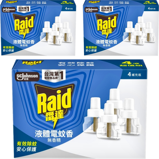 Raid 雷達 薄型液體電蚊香 補充瓶 4入 有效除蚊 安心保護 無香精 無染料, 164ml, 3盒