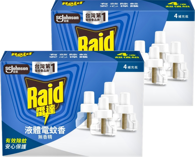 Raid 雷達 薄型液體電蚊香 補充瓶 4入 有效除蚊 安心保護 無香精 無染料, 164ml, 2盒