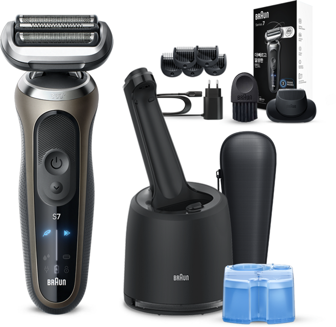 BRAUN 시리즈 7 전기면도기 + 세척 충전 스테이션 세트, 72-C7500cc, 골드