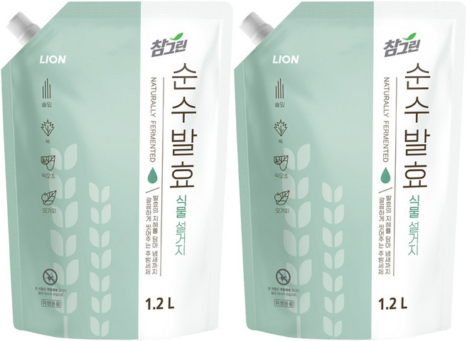 참그린 순수발효 식물 설거지 주방세제 리필, 1.2L, 2개