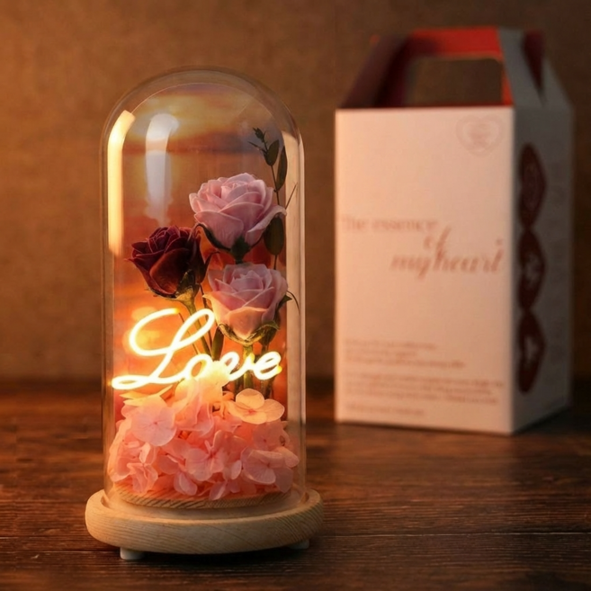 뷰티풀데코센스 로맨틱 러브 LED 프리저브드 비누꽃 장미 유리돔+핸들케이스, Purple