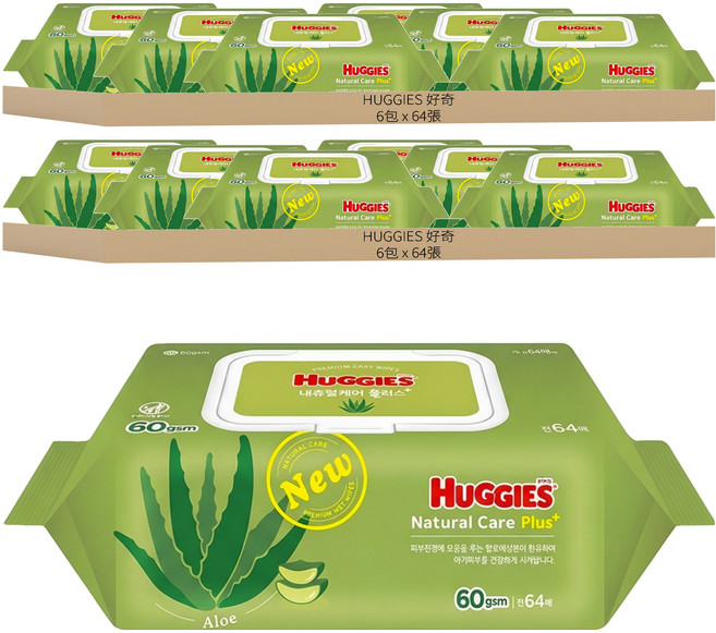 HUGGIES 好奇 Nature care plus 濕紙巾 掀蓋式, 60gsm, 64張, 12包